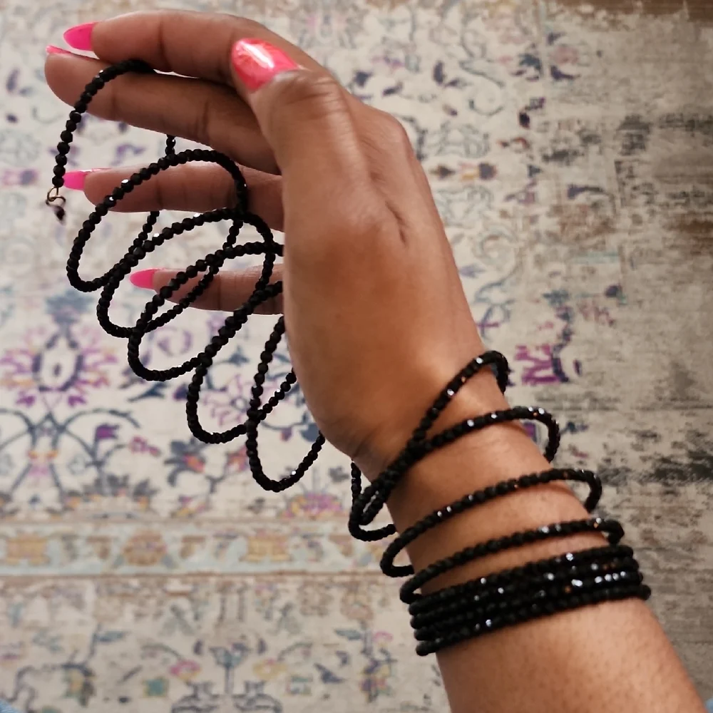 Black Beaded Multi Strand Wrap Bracelet Faceted Stretch Layered Statement